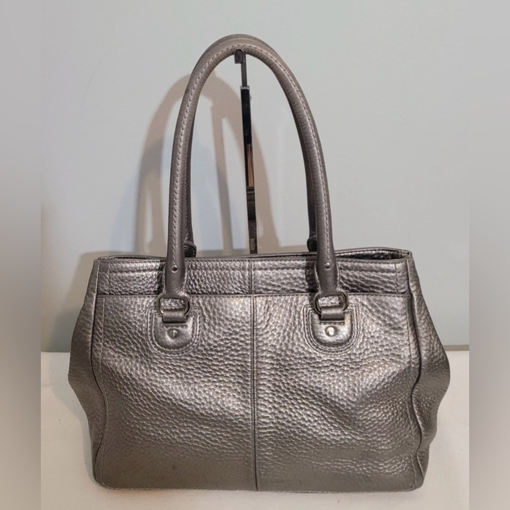 Cole Haan Metallic Silver Tote Shoulder Bag Pebbled Leather 3 Compartments - Picture 2 of 16